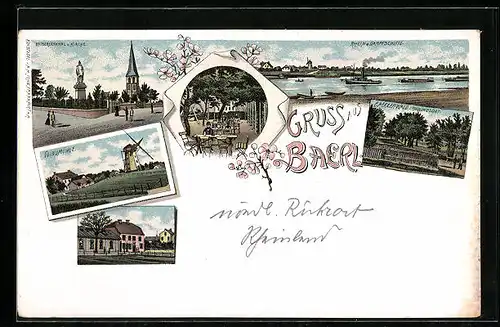 Lithographie Baerl, Kaiserdenkmal u. Kirche, Rhein u. Dampfschiffe, Windmühle, Erholungsort Baerler Wald