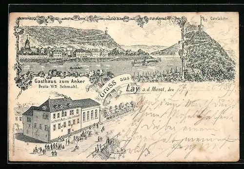Lithographie Lay a. d. Mosel, Ortsansicht, Carolahöhe, Gasthaus zum Anker, Bes.: Ww. Schmahl