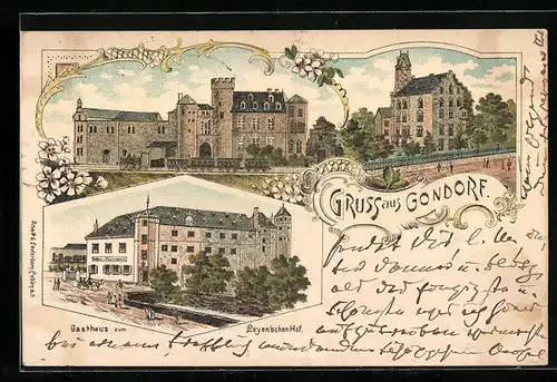 Lithographie Gondorf, Ortsansicht mit Dampfzug, Gasthaus zum Leyenschen Hof