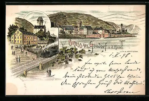 Lithographie Gondorf a. d. Mosel, Ortsansicht mit Dampfzug