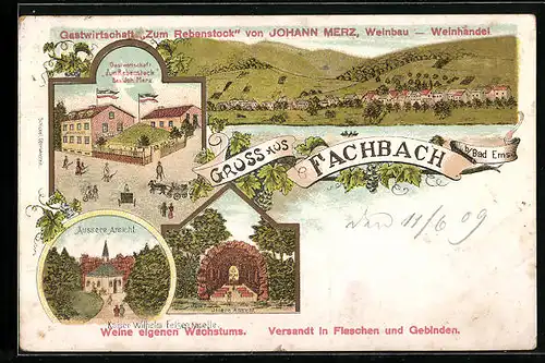 Lithographie Fachbach, Ortsansicht, Gastwirtschaft Zum Rebstock von Johann Merz, Kaiser Wilhelm-Felsenkapelle