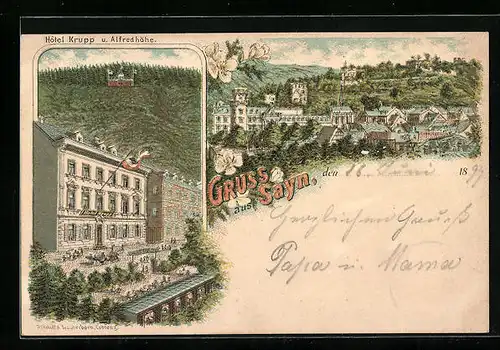 Lithographie Sayn, Hotel Krupp und Alfredhöhe, Ortsansicht