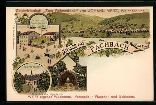Lithographie Fachbach, Ortsansicht, Gastwirtschaft Zum Rebstock von Johann Merz, Kaiser Wilhelm-Felsenkapelle