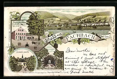 Lithographie Fachbach, Ortsansicht, Gasthaus zum Deutschen Kaiser, Bes.: M. Lotz, Kaiser Wilhelm-Felsenkapelle