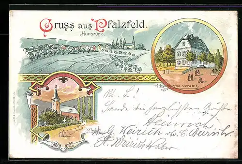 Lithographie Pfalzfeld /Hunsrück, Ortsansicht, Bürgermeisteramt, Kirche