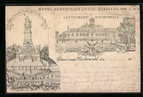 Vorläufer-Lithographie Rüdesheim, 1893, Jagdschloss Hotel auf dem Niederwald, National-Denkmal