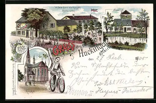 Lithographie Huckingen am Rhein, Restaurant Witwe Carl Verkoyen, Steinhof