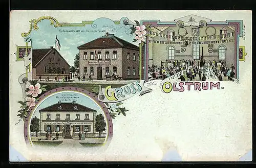 Lithographie Oestrum, Gasthaus von Heinrich Pauels, Colonialwarenhandlung von Joh. Mechelen