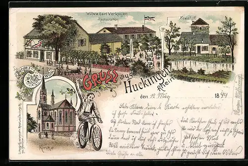 Lithographie Huckingen /Rhein, Gsthaus Witwe Carl Verkoyen, Kirche, Fahrradfahrer