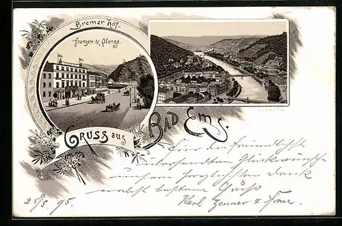 Vorläufer-Lithographie Bad Ems, 1895, Hotel Bremer Hof, Panorama