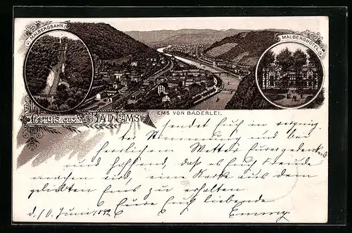 Vorläufer-Lithographie Bad Ems, 1892, Malberghotel, Malbergbahn, Panorama von Bäderlei aus