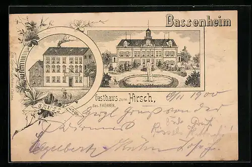 Lithographie Bassenheim, Gasthaus zum Hirsch von P. Körber