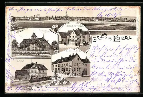 Lithographie Echzell, Gasthaus zur Traube, Bahnhof, Gasthof von Heinr. Stoll, Forsthaus