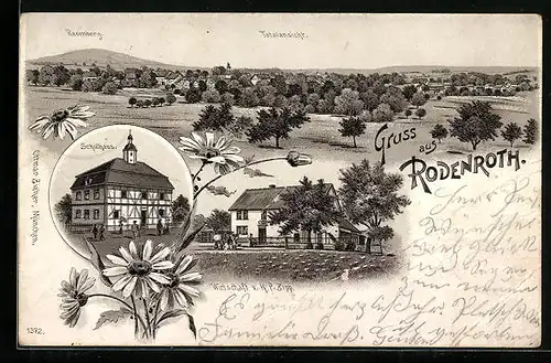 Lithographie Rodenroth, Gasthaus von H. P. Zipp, Schulhaus