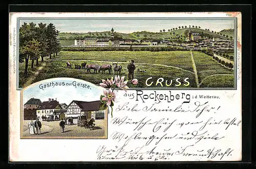 Lithographie Rockenberg i. d. Wetterau, Gasthaus zur Gerste, Panorama