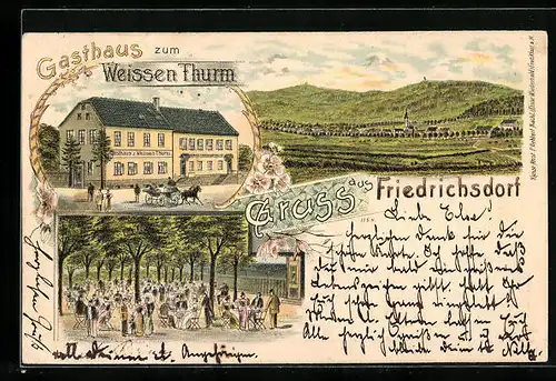 Lithographie Friedrichsdorf, Gasthaus zum Weissen Thurm, Ortsansicht