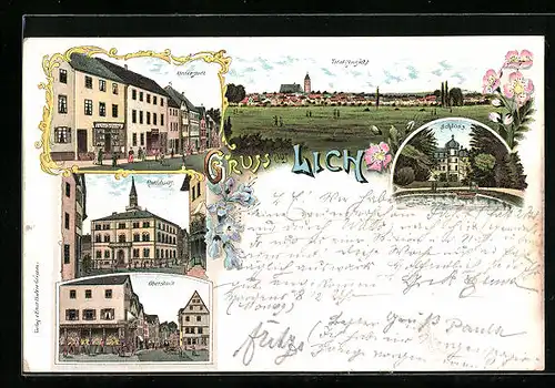 Lithographie Lich, Rathaus, Unterstadt, Oberstadt, Schloss