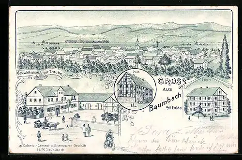 Lithographie Baumbach a. d. Fulda, Gasthof zur Traube, Schule