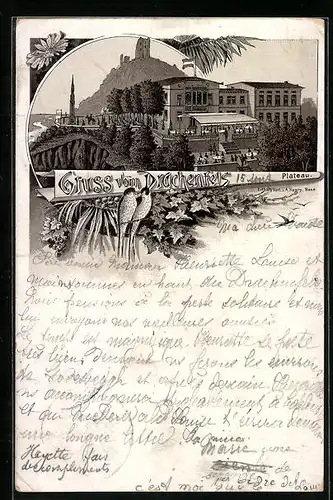 Vorläufer-Lithographie Königswinter, 1891, Gasthaus zum Drachenfels und Ruine