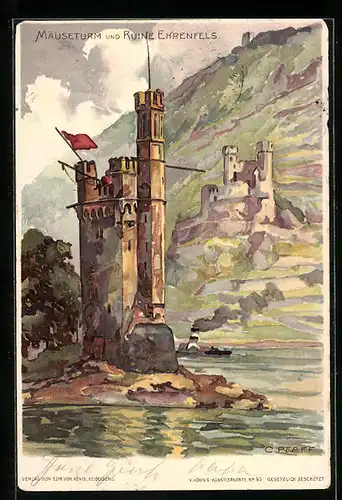 Künstler-AK C. Pfaff: Bingen, Mäuseturm und Ruine Ehrenfels