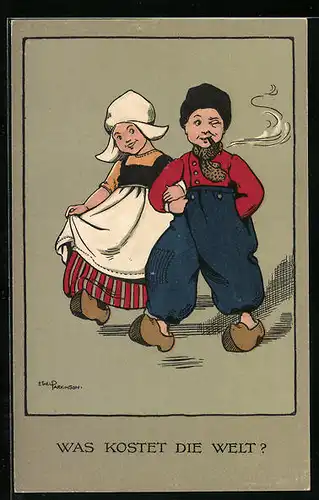 Künstler-AK Ethel Parkinson: Was kostet die Welt?, Bauernpaar in Holzschuhem