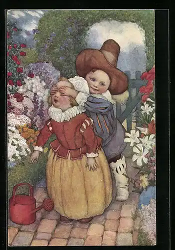 Künstler-AK Susan Beatrice Pearse: Kleines Paar beim Spiel zwischen Blumen
