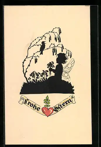 Künstler-AK Georg Plischke: Elfe und singender Vogel, Ostergruss, Schattenbild