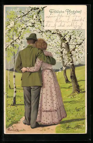 Künstler-AK Alfred Mailick: Paar beim Spaziergang, Pfingstgruss