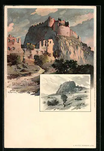 Künstler-AK Karl Mutter: Hohentwiel, Die Burgruine, Gesamtansichten