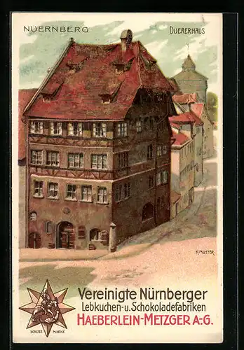 Künstler-AK Karl Mutter: Nürnberg, Dürerhaus, Reklame für Haeberlein-Metzger-Lebkuchen