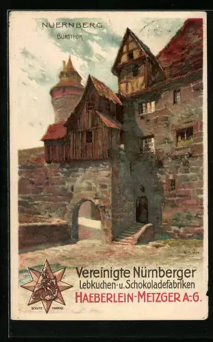 Künstler-AK Karl Mutter: Nürnberg, Am Burgthor, Reklame für Haeberlein-Metzger-Lebkuchen