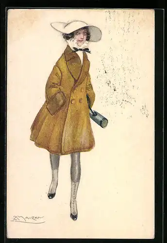 Künstler-AK Mauzan: Elegante junge Dame in Kurzmantel und breitkrempigem Hut
