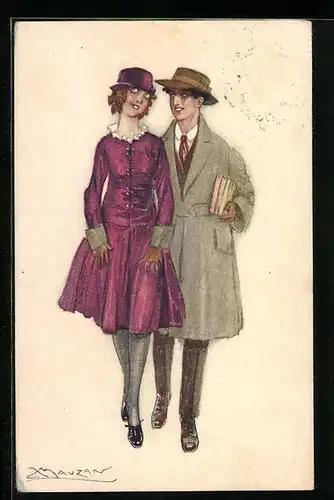 Künstler-AK Mauzan: Elegantes junges Paar beim Spaziergang