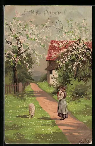 Künstler-AK Alfred Mailick: Frühlingsidylle mit Schaf, Pfingstgruss