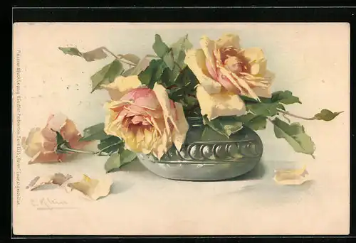 Künstler-AK Catharina Klein: Gelbe Rosen in einer Vase