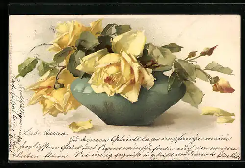 Künstler-AK Catharina Klein: Vase voller gelber Rosenblüten