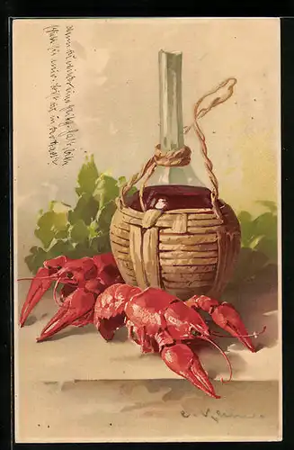 Künstler-AK Catharina Klein: Stillleben mit einer Flasche und Hummern
