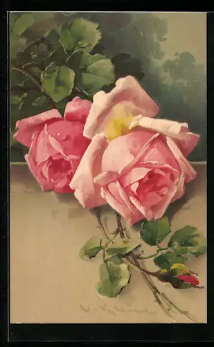 Künstler-AK Catharina Klein: Zwei rosane Rosen