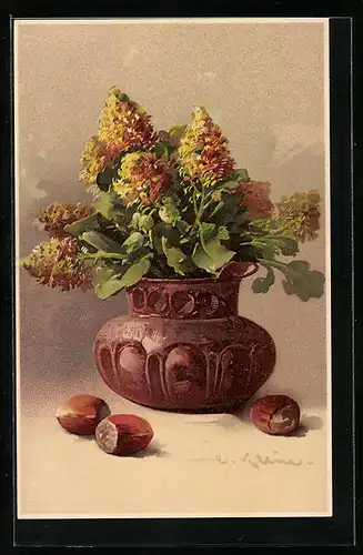 Künstler-AK Catharina Klein: Gelbe Blumen in einer Vase mit Haselnüssen