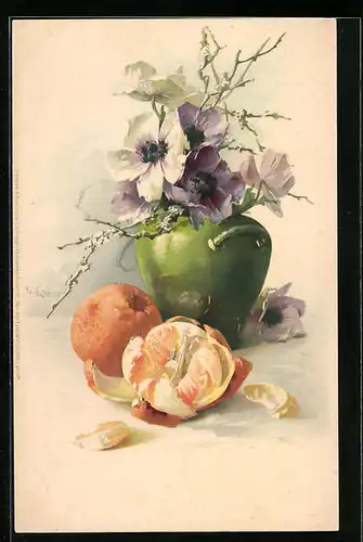 Künstler-AK Catharina Klein: Stillleben mit Blumenvase und Mandarinen