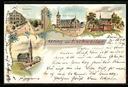 Lithographie Eschweiler, Rosenallee, St. Antonius Hospital, Kirche