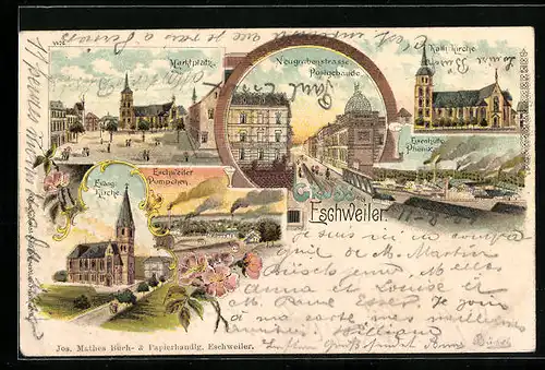 Lithographie Eschweiler, Neugrabenstrasse, Marktplatz, Eschweiler Pumpchen, Eisenhütte Phönix