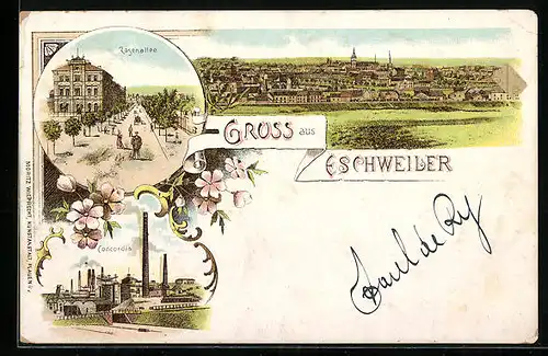 Lithographie Eschweiler, Concordia Fabrikanlage, Rosenallee, Panorama