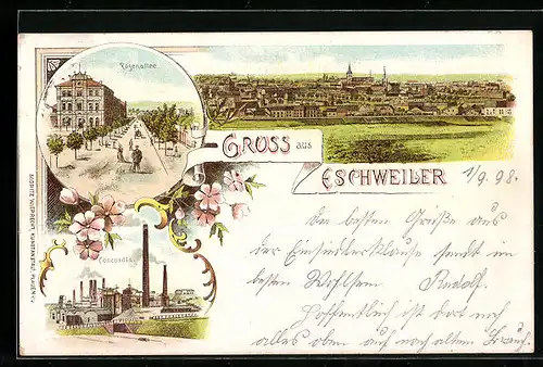 Lithographie Eschweiler, Rosenallee, Concordia Fabrikanlagen, Panorama