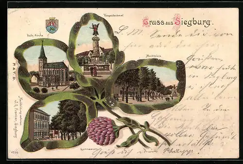 Passepartout-Lithographie Siegburg, Marktplatz, Gymnasium, Kriegerdenkmal