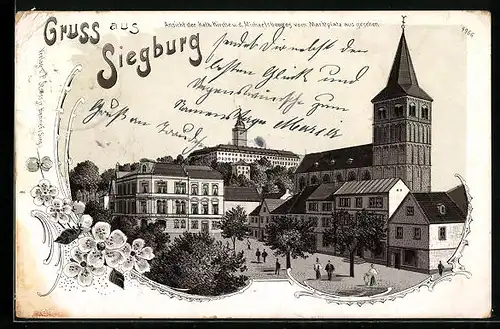 Lithographie Siegburg, Michaelsberg & Kirche vom Marktplatz gesehen