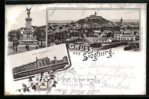 Lithographie Siegburg, Kgl. Geschossfabrik, Kriegerdenkmal, Panorama