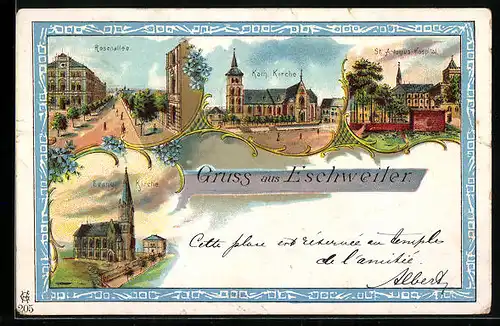 Lithographie Eschweiler, Rosenallee, Kirche, St. Antonius-Hospital