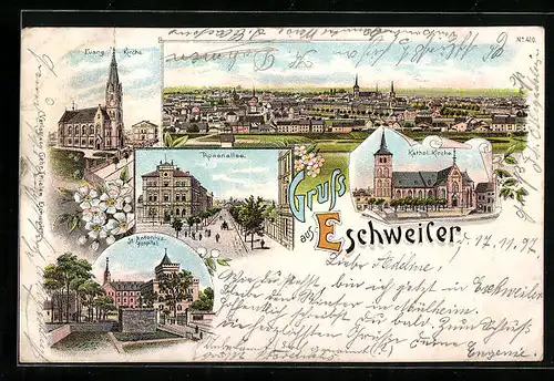 Lithographie Eschweiler, Rosenallee, Kirche, Panorama