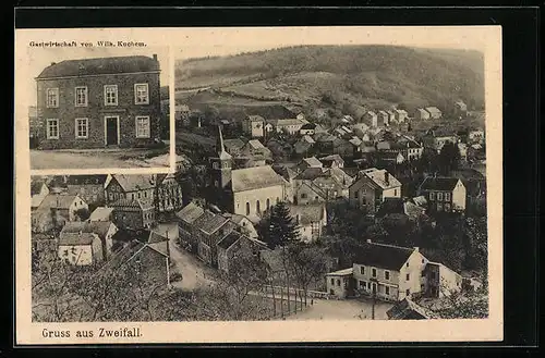 AK Zweifall, Gastwirtschaft von Wilh. Kuchem, Ortsansicht mit Kirche